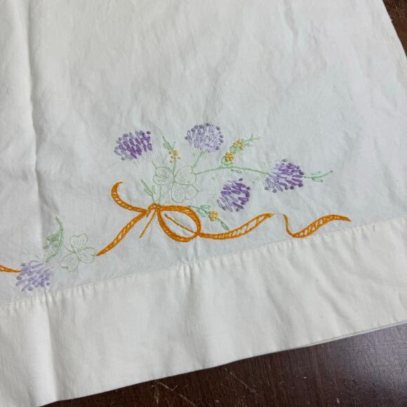 Vintage Pale Yellow Hand Embroidered flower orange ribbon COTTON pillow case - Picture 4 of 6
